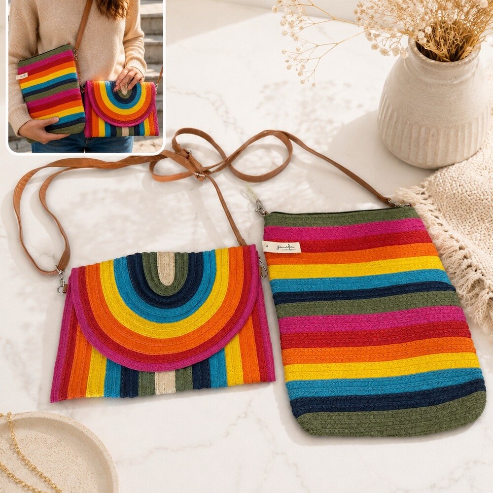 2 purse bundle lot Jennifer K Rainbow Stripe Crossbody Bag Envelope straw Set